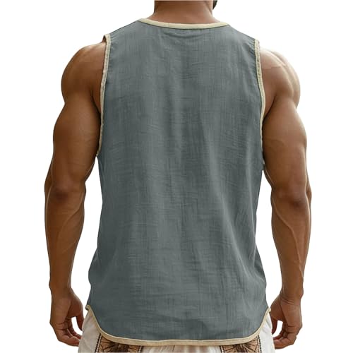 Cotton Linen Workout Tank Top - Sleeveless Gym Henley Shirt - Gray, 3X-Large