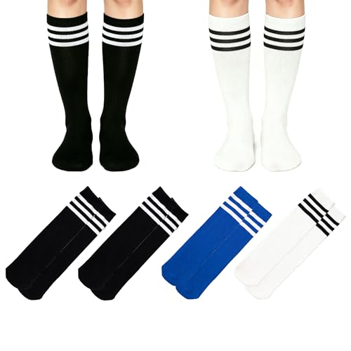 LPMOERA 4 Pairs Toddler Knee High Soccer Socks for Boys Girls, 4-7 Years, Black/Black/White/Blue