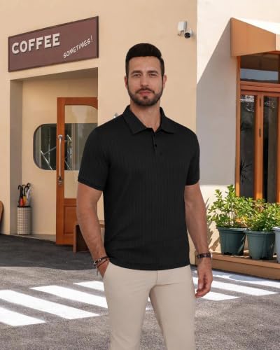 Mens Textured Polo Shirt - Short Sleeve Golf Shirt - Large - Black