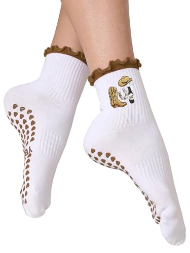 Non-Slip Yoga Ballet Socks with Ruffle Cuff - Brown, One Size