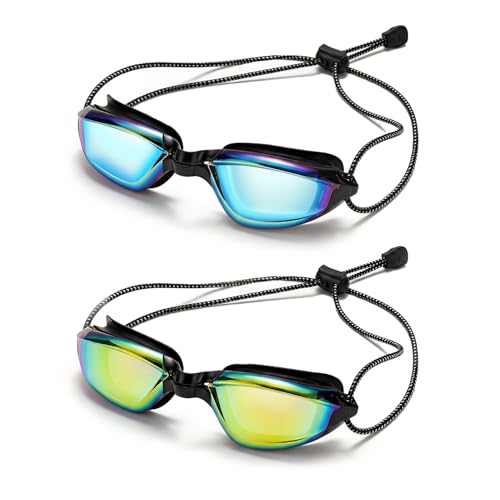 Swimming Goggles with Adjustable Bungee Strap - Black Gold-Plated & Black Purple-Plated
