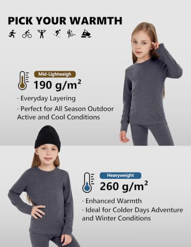 Kids 7-8 Years Merino Wool Base Layer Thermal Top Heather Grey - Woolcano