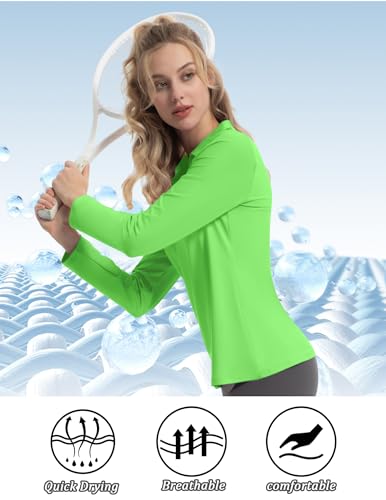 Women's Long Sleeve V-Neck Tennis Golf Shirt - Athletic Sport Top - Lime Green