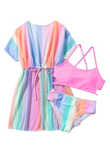 Kids Girls Bikini Set 3-Piece Swimsuit with Multicolor Stripes & Quick Dry Cover-up