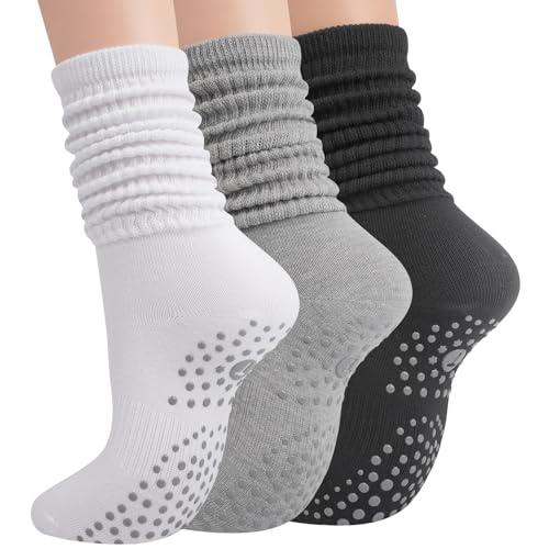 Horuru Pilates Grip Socks for Women - 3 Pairs, White, Black, Grey, Yoga & Barre
