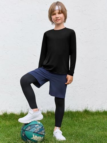 Boys Long Sleeve Athletic T-Shirt - Neon Dry Fit UPF 50+ - Black, 7-8 Years