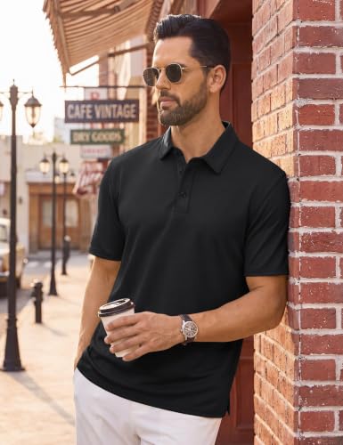 Cotrasen Men's Short Sleeve Cotton Pique Golf Polo Shirt - Medium Black