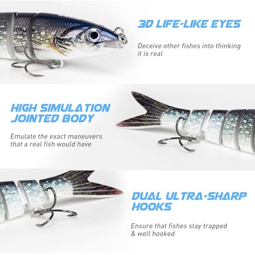 GOTOUR 5" 0.9oz Jointed Swimbait - 8-Segment Lure for Bass Trout Crappie, A1-5"-0.9oz