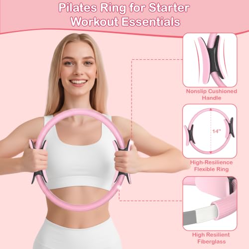 Pilates Kit for Women - 17 PCS Set with Ring, Ball & Bands - Pink