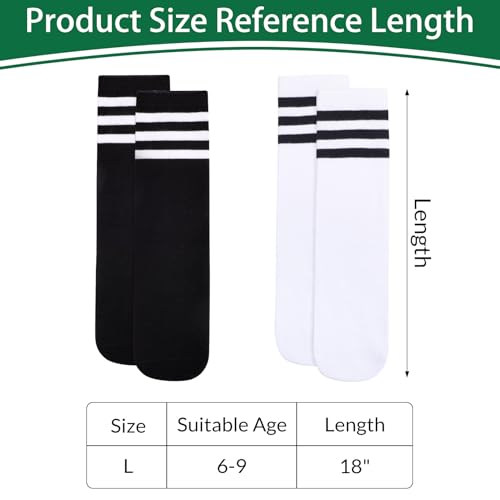 Kids Soccer Socks - Striped Knee High Athletic Socks - White & Black - Ages 6-9