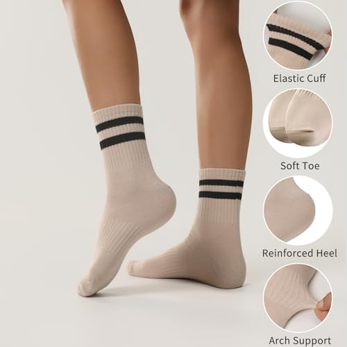 Women's Striped Cotton Crew Socks - 6-Pair Set - White, Beige, Black, Grey, Brown, Coffee