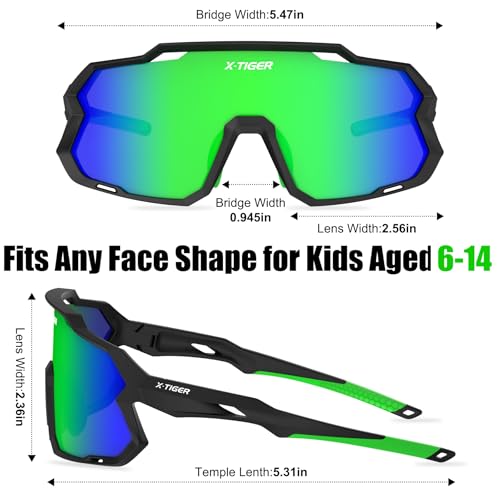 Kids Polarized Baseball Sunglasses - UV400, Lightweight, Black Green