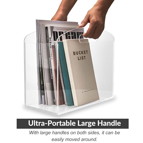MeiTudo Ultra Clear Magazine Rack - Clear Acrylic Holder with Handles, 12.2 x 5.9 x 9.6 in, Modern Lucite Organizer for Bathroom, Bedroom & Office