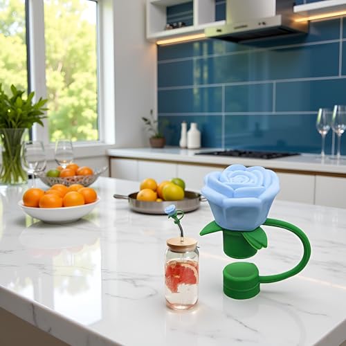 10mm Rose Flower Straw Covers - Blue Silicone Dust Caps for Stanley Cup