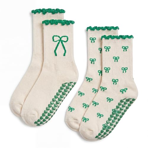 Cute Pilates Socks with Heart Grips - Ruffle Non-Slip Crew Socks - Bow Green and White