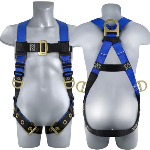 TRSMIMA Safety Harness Fall Protection - Men Full Body Construction Roofing Work Belt with 5 Point Adjustment Back D-Ring Grommet Legs ANSI