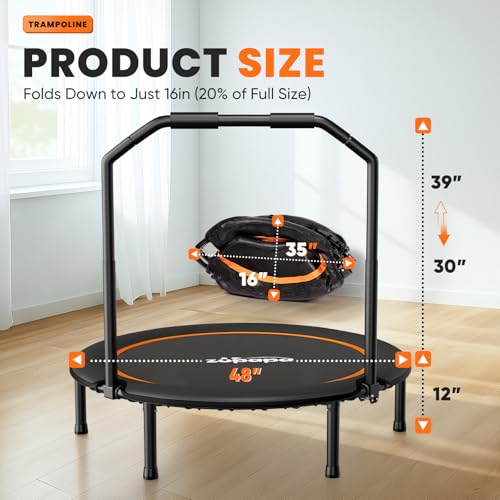 48" Foldable Fitness Trampoline with Adjustable Handle - Quiet Rebounder