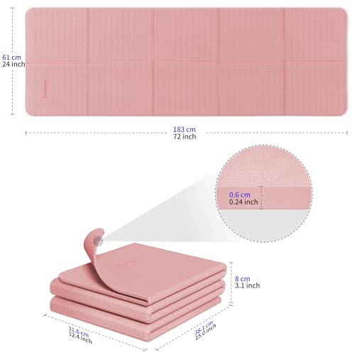 Foldable Yoga Mat for Travel - 6mm Thick, Non-Slip TPE - Pink