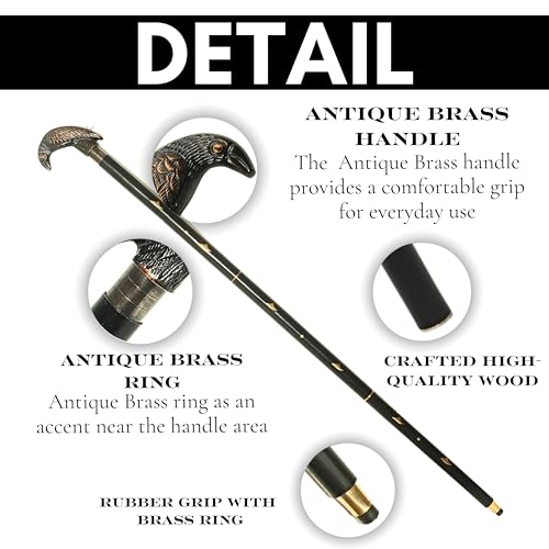 Antiquana Antique Brass Raven Head Handle Walking Cane - 37 Inches Black