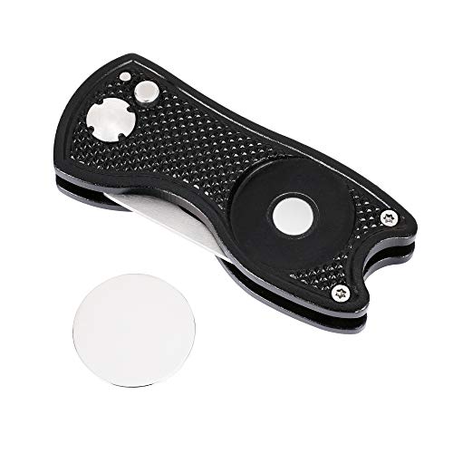 Golf Divot Repair Tool - Foldable Metal with Magnetic Marker - Black Fish
