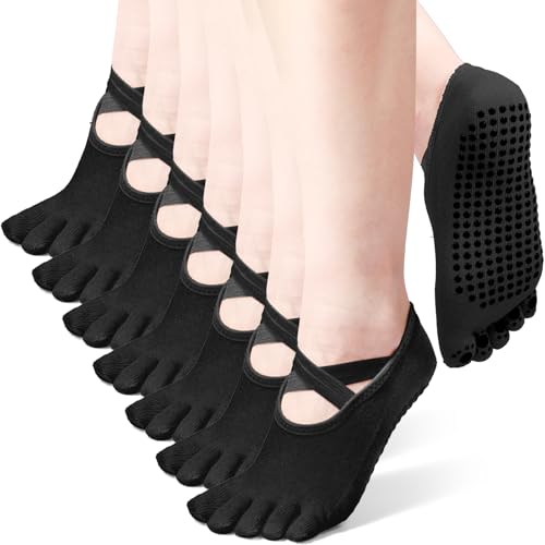 SATINIOR 7 Pairs Women’s Yoga Toe Socks with Grip - One Size, Black