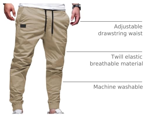 JMIERR Men's Cotton Stretch Joggers - Casual Twill Track Pants, Large, Soft Khaki