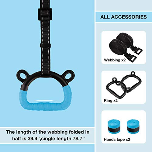 Kids Gymnastics Rings Blue-1 for Indoor & Outdoor Exercise, Adjustable Straps, 220lb Load Capacity