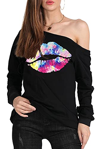 MAGICMK Women's Lips Print Off-Shoulder Sweater Shirt XXL Plus Size Casual Blouse