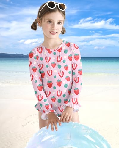 Toddler Girls One-Piece Swimsuit - Long Sleeve Ruffle Zipper Bathing Suit UPF 50+ - Pink Strawberry (3-4T)
