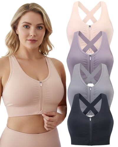 Evercute Women's Large 4-Pack Zip Front Post-Surgery Sports Bras - Black, Gray, Flesh, Purple