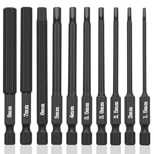 10 Piece Hex Head Allen Wrench Drill Bit Set, 1/4 Inch Hex Shank Metric Sizes 1.5mm to 8mm S2 Steel Allen Power Bit Set, Magnetic Tips 3 Inch Long