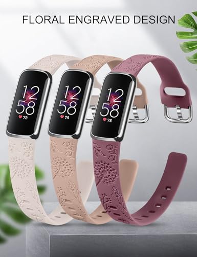 Minyee 3-Pack Fitbit Luxe Bands Waterproof Soft Silicone Floral Engraved Dandelion Wristbands (Starlight/Nude/Violet Smoke) 5.3-7.6"