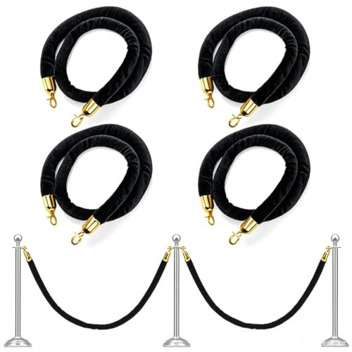 Okllen 4 Pack Black Velvet Stanchion Ropes with Gold Hooks, 5 Ft Crowd Control Barrier for Carpet Events Movie Theaters Hotels