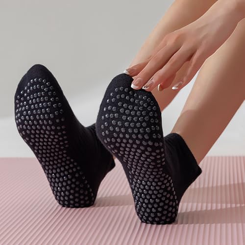 Pilates Socks with Grips - 5 Pairs Non-Slip Yoga Crew Socks - Black