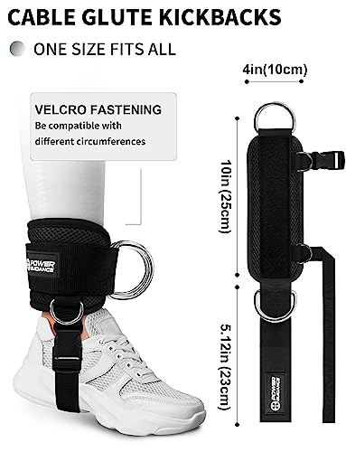 Power Guidance Ankle Straps for Cable Machine – Black Pair, Velcro Adjustable D-Rings