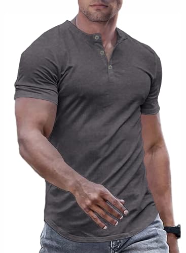 JMIERR Men's Slim Fit Henley Shirt Medium Grey 1 - Workout Athletic Tee