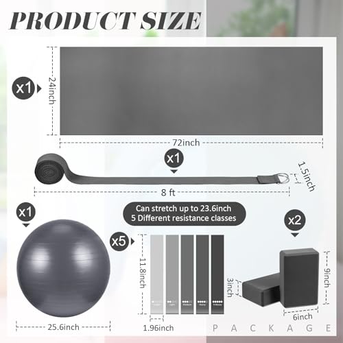 Yoga Starter Kit - 10 Piece Set with Mat, Blocks, Ball, Bands - Gray
