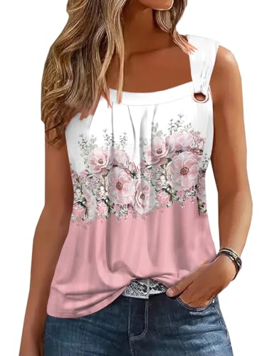 SAUKOLE Summer Women's Pleated Square Neck Tank Top with O Ring Shoulder, Casual Loose Fit, Medium Foralpinkwhite