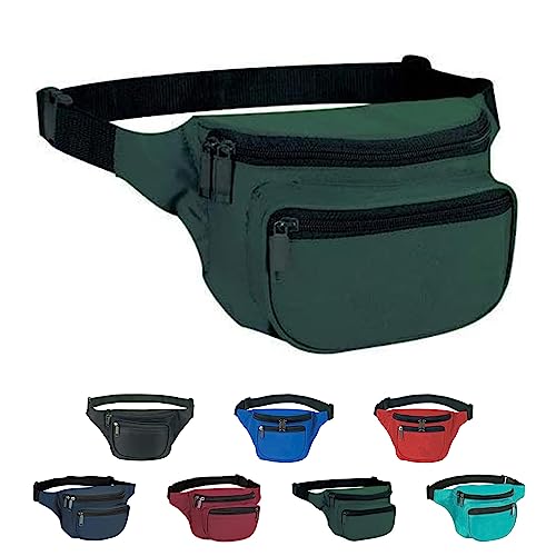 Lightweight 3-Zip Fanny Pack - Adjustable Waist Belt Bag - Hunter Green