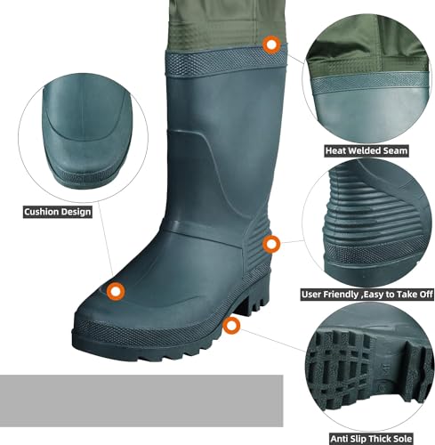 Kids Chest Waders with Boots - Green, 10-11 Years Waterproof Fishing Gear