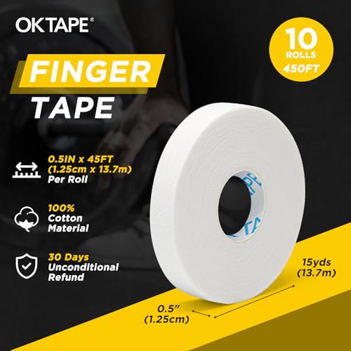OK TAPE Athletic Finger Tape 10 Rolls, 0.5 inch x 15 yards, White - 450FT Support Wrap for Sports & Injury Prevention