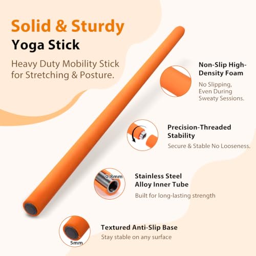 58" Steel Yoga Stick - Adjustable Exercise Bar for Mobility, Flexibility & Balance - Orange
