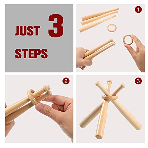 Baseball Display Stand Wooden Holder with 2 Mini Bats & Rings