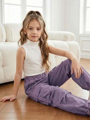 JiAmy Girls' Y2K Baggy Cargo Joggers - Elastic Waist, 7-14Y, Purple (7-8 Years)
