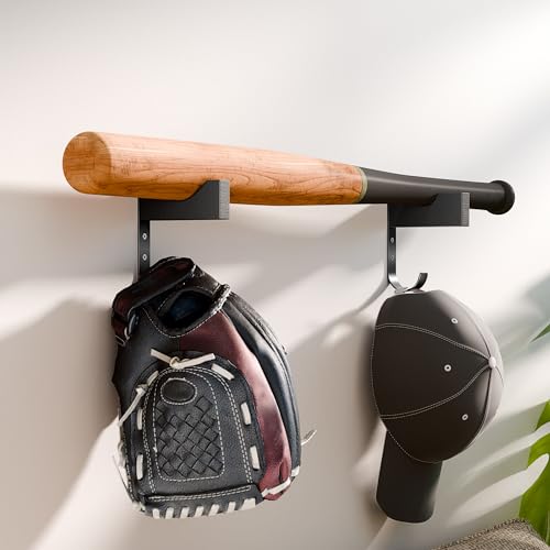 Baseball Bat & Cap Holder Wall Mount - Black Wood & Iron, 4.2"