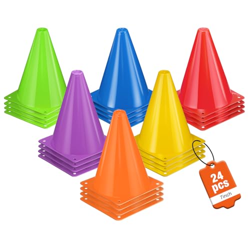 7 Inch Soccer Cones - 24 Pack Durable Agility Training Cones in Various Colors