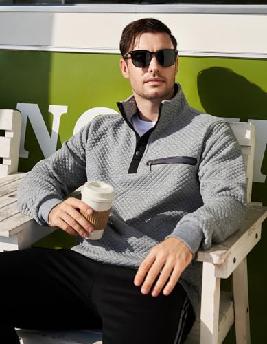 Men's Quilted Pullover Sweatshirt with Stand Collar and Pocket
