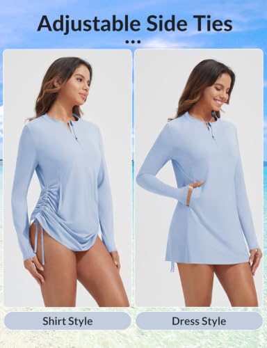 Light Blue Long Sleeve Rash Guard for Women - UPF 50+ Swim Shirt with Pocket - Large