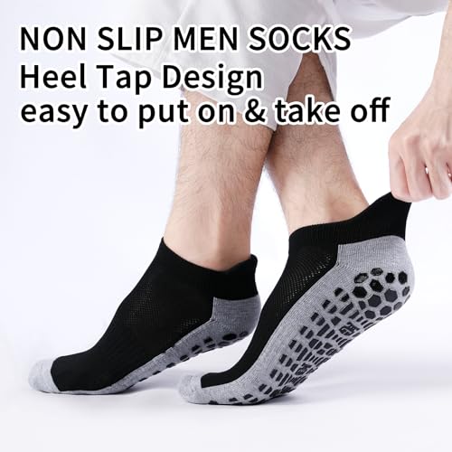 Men's Non-Slip Gripper Socks - Ankle Low Cut, 3 Pairs, Black (Size 10-12)