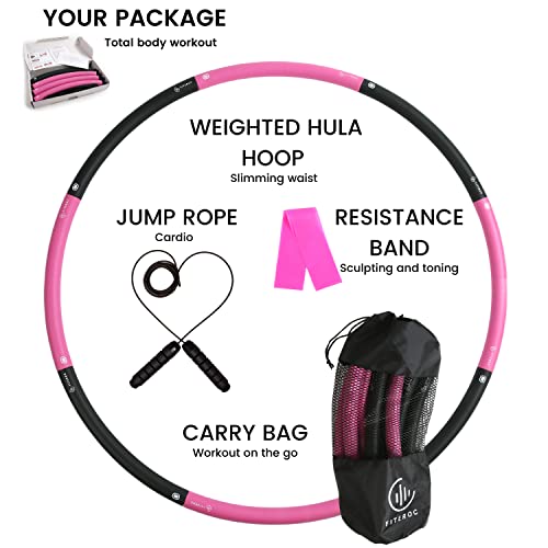 Fiteroc Weighted Hula Hoop for Adults 2.8 lb Adjustable Large Size Black/Pink
